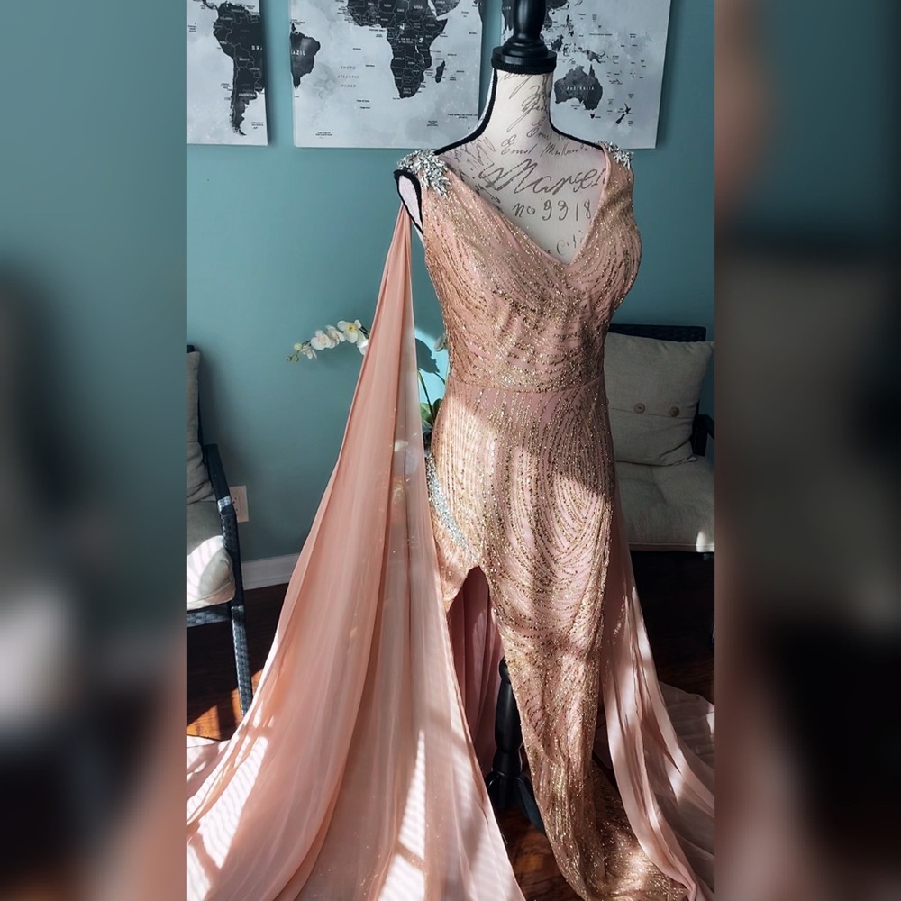 Rose gold sparkly pageant evening gown, prom dress, formal gala or wedding
